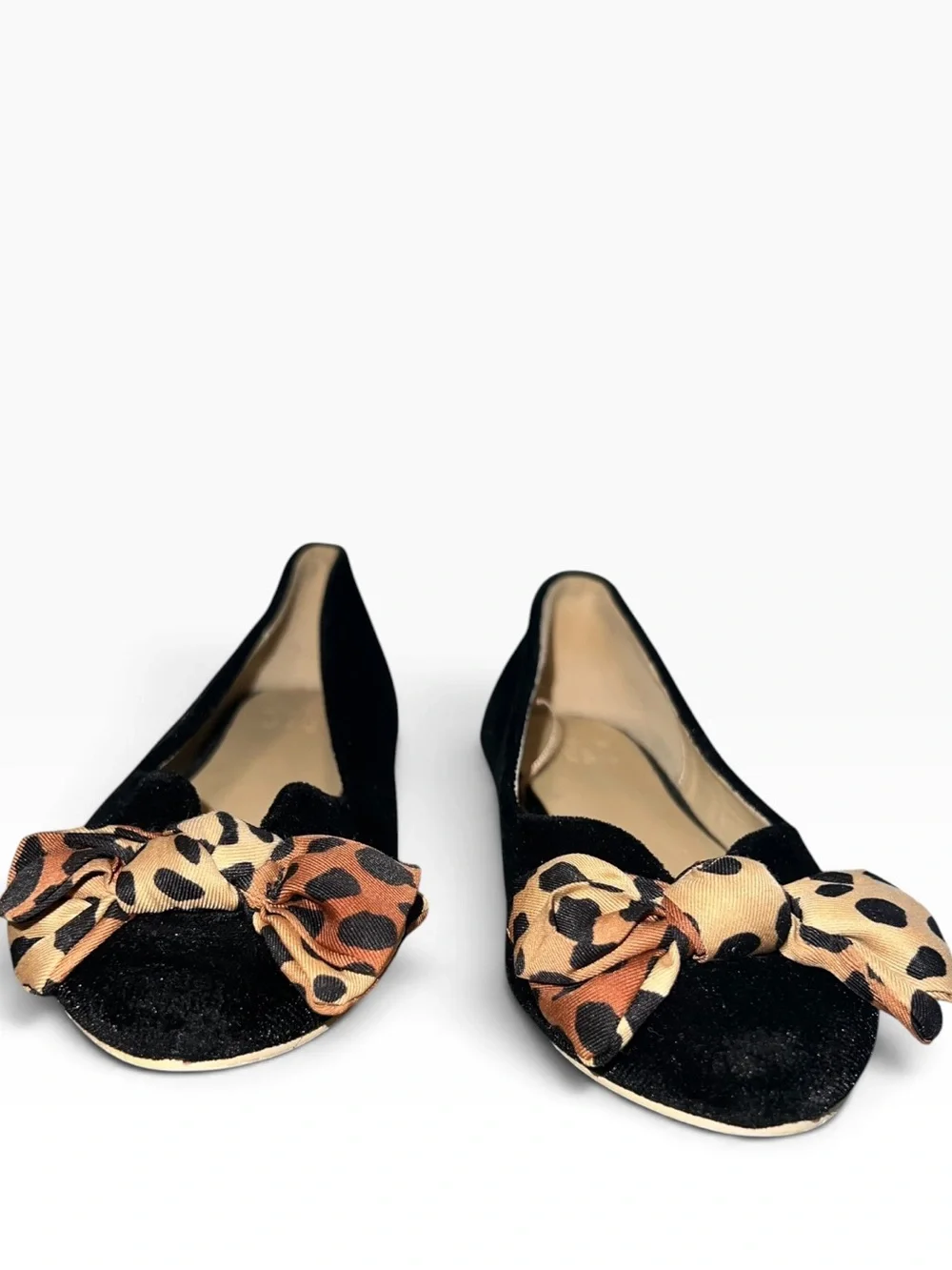 Janie and Jack Girls Size 12 Black Velvet Ballet Flats Leopard Bow